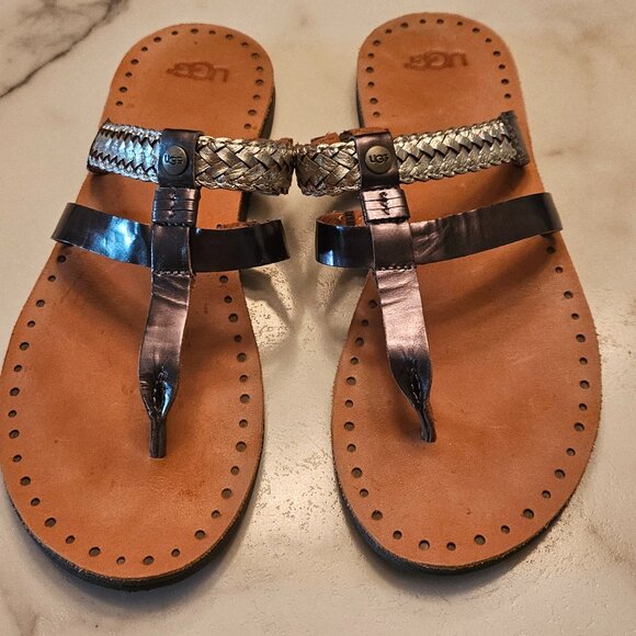 UGG metallic black/silver flat sandals size 8 - Picture 2 of 5